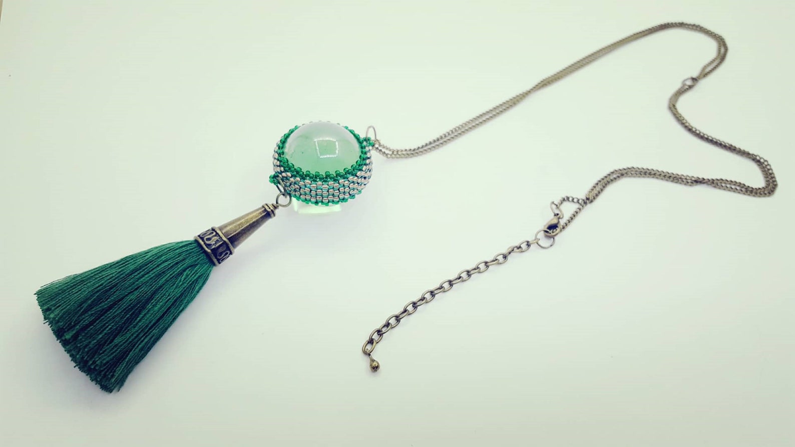 Glass Ball Necklace With Tassel. Green Glass. Green Tassel Etsy UK