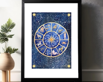 Zodiac Wheel - Celestial hand-painted watercolour Illustration - Fine Art Print, Framed or Digital Download
