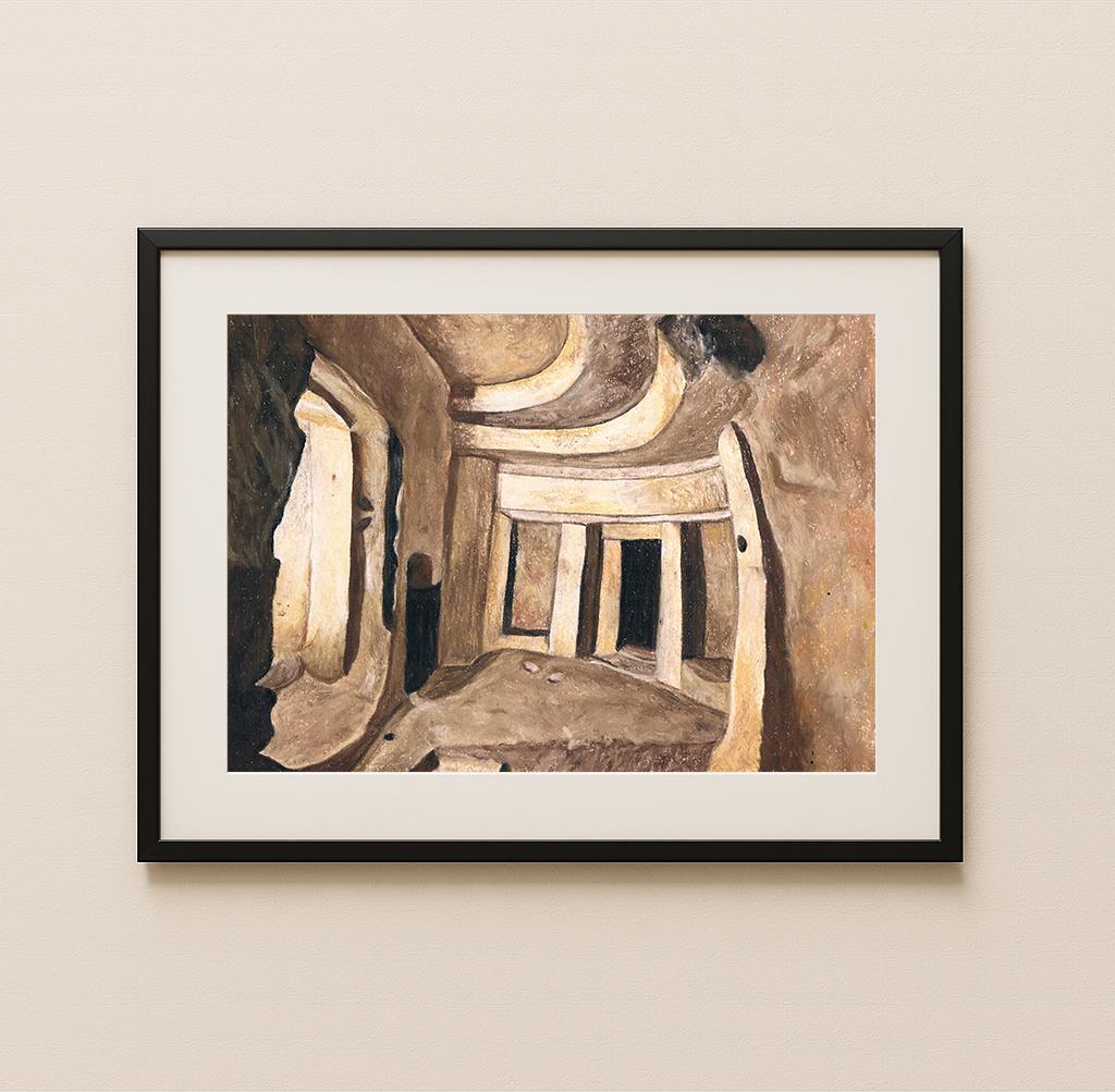 Hal Saflieni Hypogeum, Malta – Pastel Cave Temple Art Print | Sacred Architecture Illustration