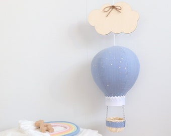 Personalized baby gift Balloon Baby Mobile with Wooden Cloud, Nursery Decoration Blue Balloon Muslin Silver Stars