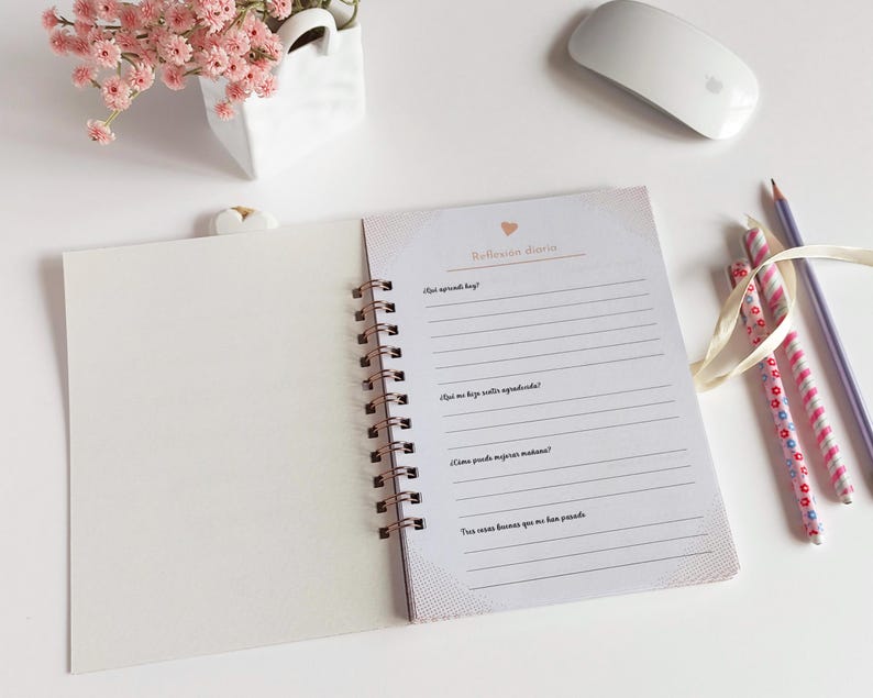 May include: A white spiral bound journal with a pink heart and the text "Reflection Diary" on the cover. The journal is open to a page with lined paper and the text "What sparked joy?" at the top.