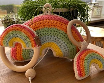 Sonajero arco iris primer juguete recién nacido bebé crochet Waldorf / Montesorri juguetes/ mayorista/ mordedor