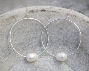 Pearl and sterling silver hoop earrings