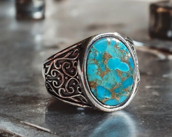 Bague pour HOMME Blue Copper TURQUOISE sur ARGENT