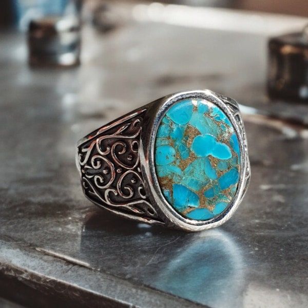 Bague pour HOMME Blue Copper TURQUOISE sur ARGENT