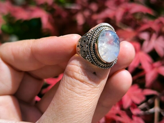 Bague En Argent Massif Avec Pierre De Lune - Taille 51 - Occasion - Style Bohème