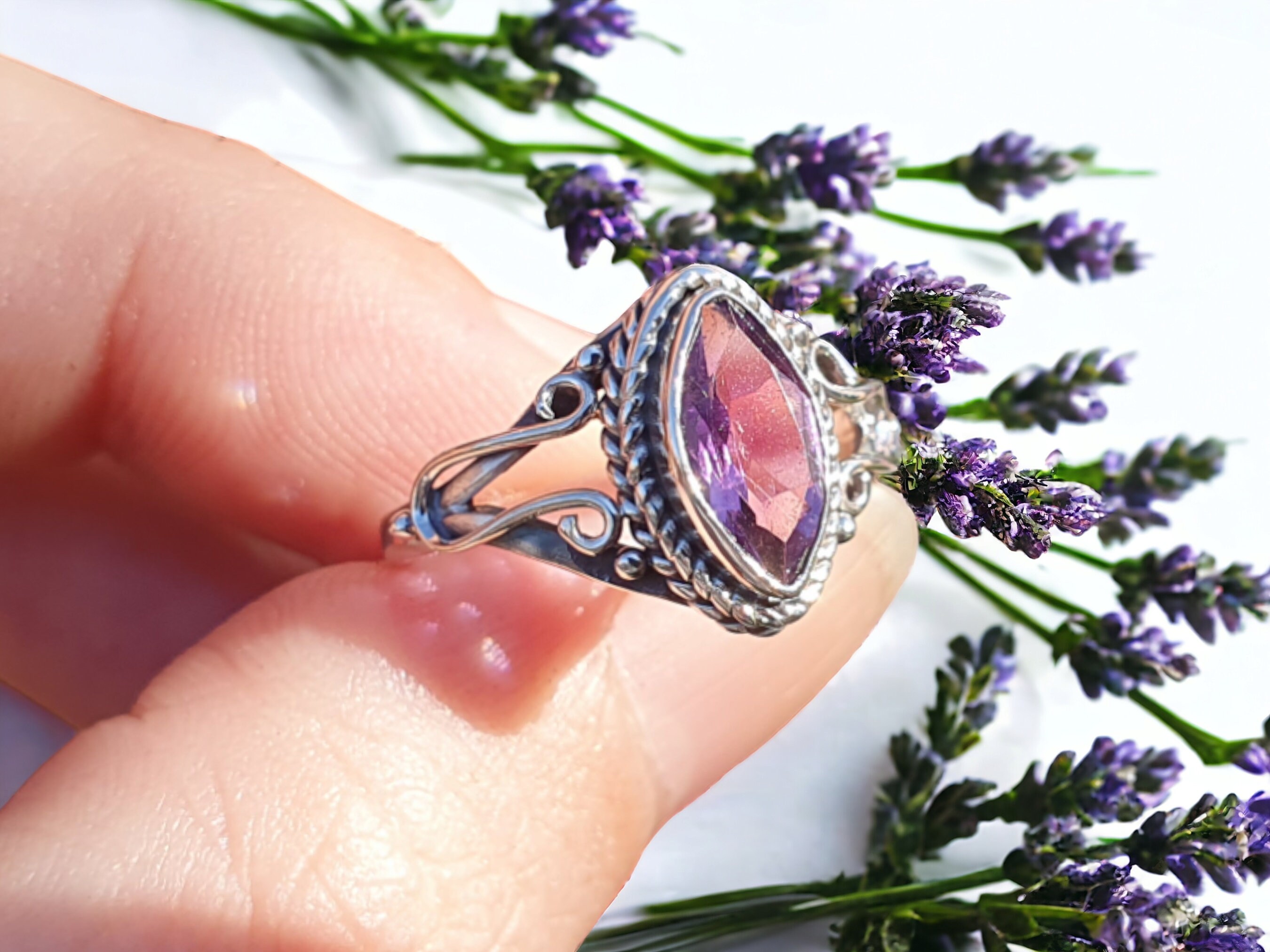 Bague Argent Massif 925 Améthyste Et Corail - Taille 58, Rectangle Courbé, Création Française Neuve