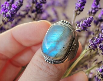 Bague LABRADORITE  sur ARGENT 925. Pièce unique Taille 59