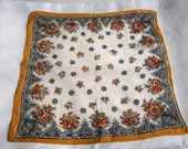 Vintage 1930s 30s 1940s 40sYellow Cream Orange Brown Floral Print Silk Crepe Hankie Handkerchief