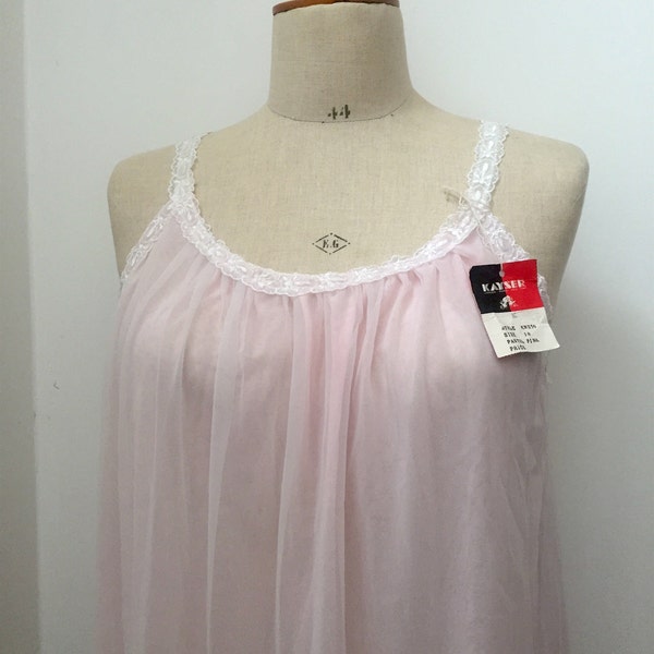 Vintage 1960s 60s Kayser Pink Nylon Chiffon & Nylon Nightdress White Lace Nightwear Lingerie Glamour With Tag