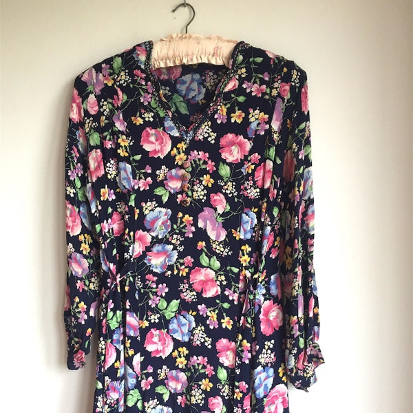 Original 1930s 40s Dress Floral Print Crepe Cerise Green Pink Rayon 30s 40s WW2 Era AS IS Condition