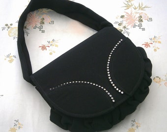 Vintage 1950s Black Evening Bag Purse Diamanté Trim