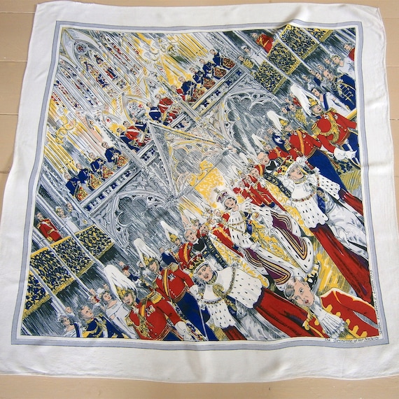 1950s Coronation Scarf English Queen Elizabeth Original Historic Headscarf Costume Tourist Souvenir Design