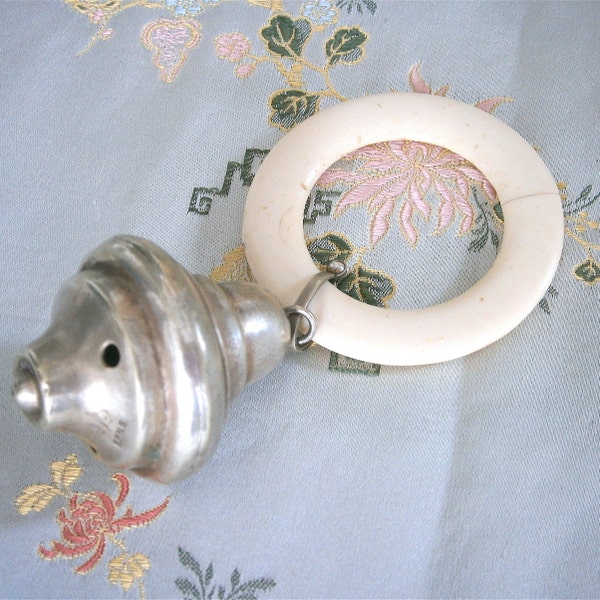 Antique Silver Plated Baby Rattle Teething Ring for Doll or Teddy Display