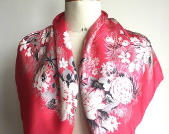 Vintage 1950s 60s Jacqmar Silk Scarf Rose Pink Floral Print Head Scarf Neck Scarf foulard