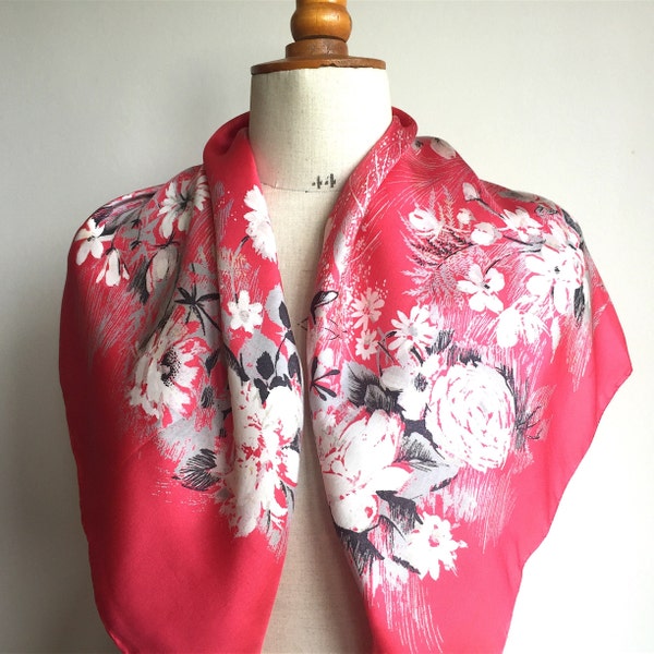 Vintage 1950s 60s Jacqmar Silk Scarf Rose Pink Floral Print Head Scarf Neck Scarf foulard