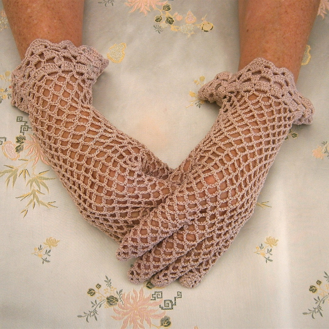 Original 30’s Fabulous Crochet 2tone Gloves - Brown and Cream main image 0
