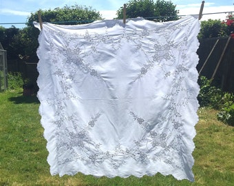 Antique White Cotton Tablecloth 40" x 40" Embroidery Butterflies Flowers Edwardian Antique Tablecloth