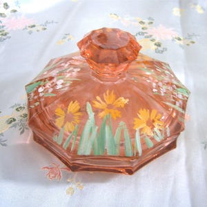 Vintage 1930s Powder Bowl Pink Glass Hand Painted Flowers Vintage 30s Boudoir