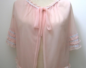 Vintage 1960s Pink Nylon Chiffon Bed Jacket with Ribbon & White Ruffles Nightwear Lingerie Boudoir Glamour.