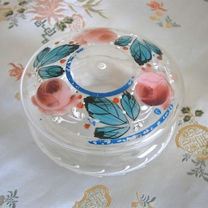 Vintage 1930s Powder Bowl Trinket Pot Glass Hand Painted Flowers Vintage 30s Boudoir