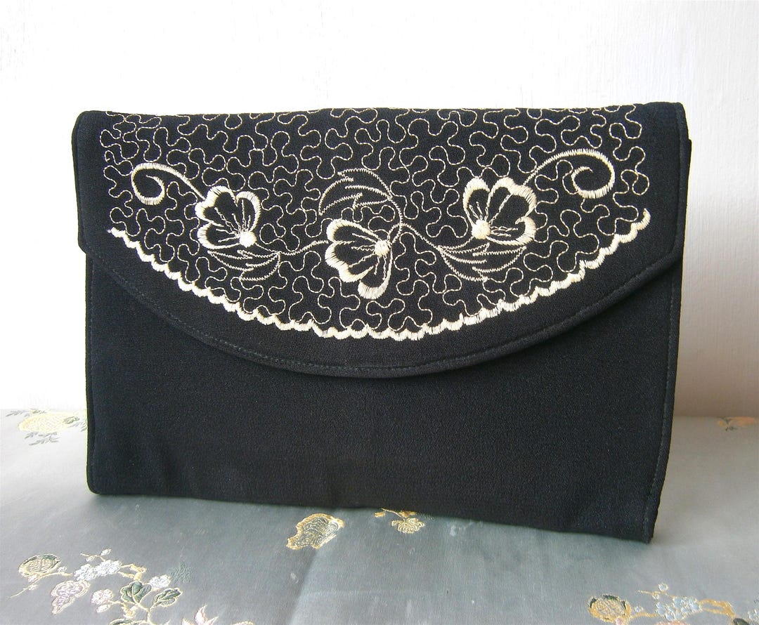 Vintage 1930s Evening Bag Black Floral Embroidery Art Deco Clutch Purse ...