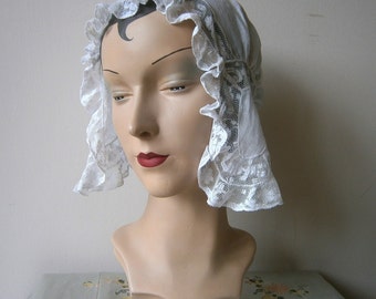 Antique 1920s 20s Boudoir Cap Hand Made White Lace  Antique French