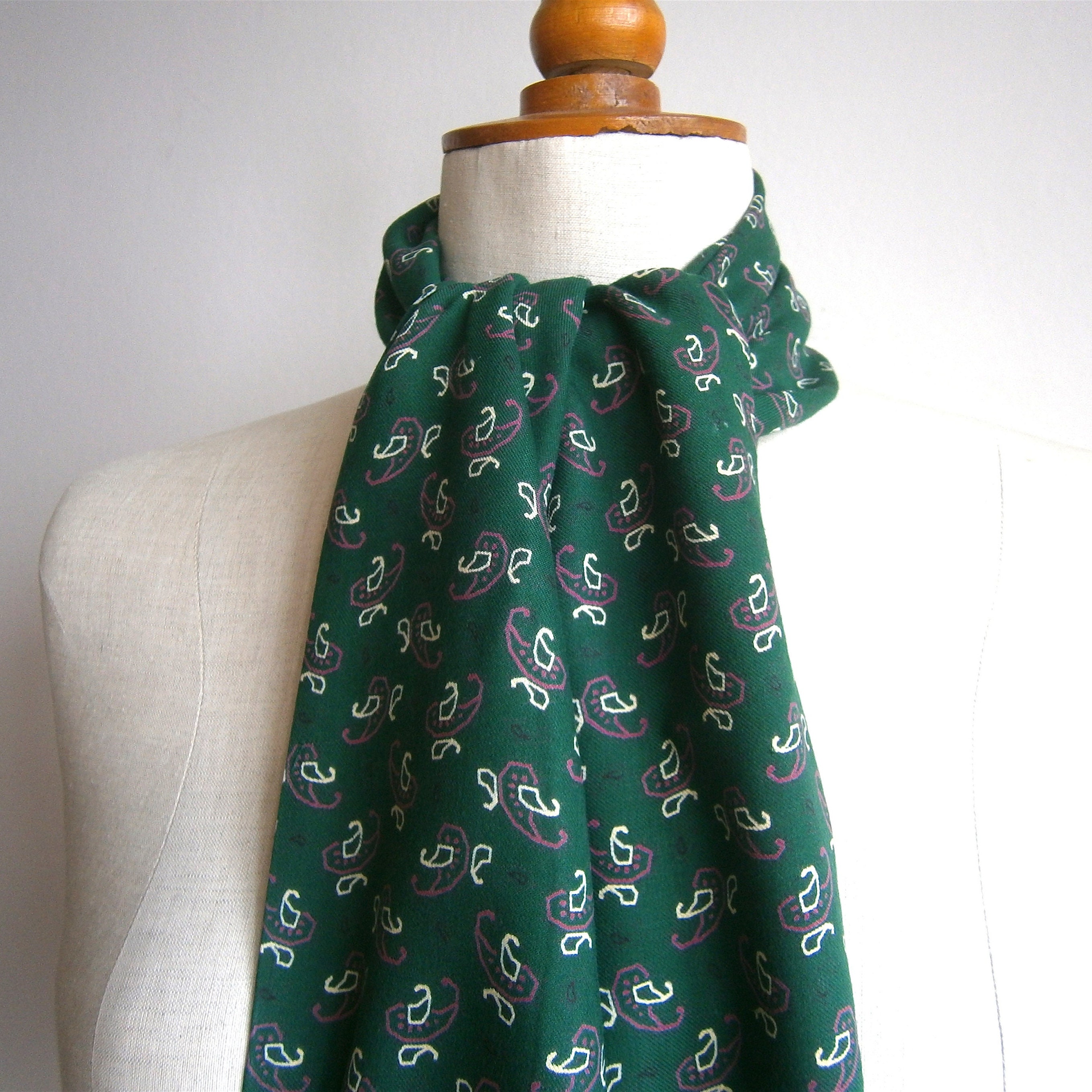 1940s 50s Tootal Scarf Green Paisley Fringe Vintage Rayon