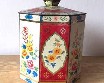 Vintage 1950s 50s Tea Caddy Tin Floral Tin