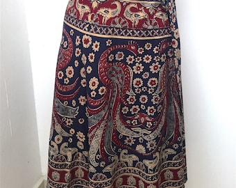 Vintage 1970s 70s Indian Block Print Wrap Skirt Blue & Burgundy Peacock Print