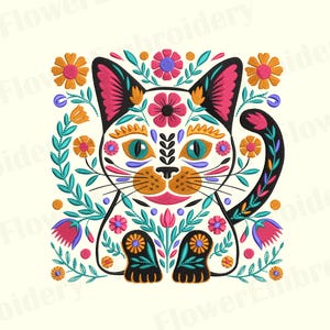 Diseño de bordado de gato Otomí: Bordado floral mexicano a máquina (Descarga digital)