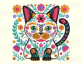 Otomi Cat Embroidery Design: Mexican Floral Machine Embroidery (Digital Download)