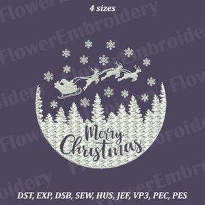 Merry Christmas Deer Embroidery Design: Santa Sleigh, 4 Sizes (10 Formats)