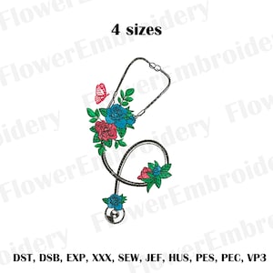 Stethoscope with flowers embroidery design Medical machine embroidery Stethoscope Heartbeat design Nurse embroidery design Doctor design
