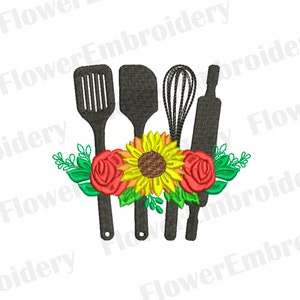 Kitchen machine embroidery design Baking Utensils embroidery Flower embroidery Kitchen tools PES embroidery Whisk Scoop Spatula design