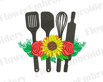 Floral Kitchen Utensils Machine Embroidery Design (10 Formats)