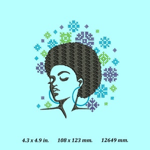 Puede incluir: Una ilustraci&oacute;n en blanco y negro de una mujer con un peinado afro y grandes pendientes. El fondo es de color azul claro con un patr&oacute;n de dise&ntilde;os de punto de cruz verde, azul y morado.