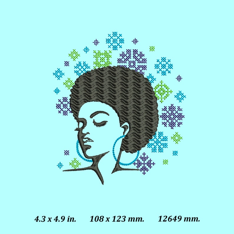 Puede incluir: Una ilustraci&oacute;n en blanco y negro de una mujer con un peinado afro y grandes pendientes. El fondo es de color azul claro con un patr&oacute;n de dise&ntilde;os de punto de cruz verde, azul y morado.