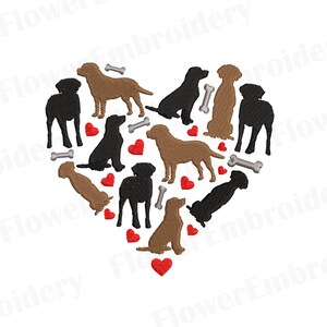 May include: An embroidered design of a heart shape made up of brown and black labrador silhouettes, red hearts, and bone shapes.