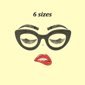 May include: Embroidered design of a woman's face with closed eyes, thick eyelashes, black cat-eye glasses, a nose piercing, and red lips. The design includes the text "6 sizes".