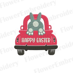 May include: A red pickup truck with a gray bunny rabbit peeking out of the back. The truck has the words "HAPPY EASTER" written on the back.