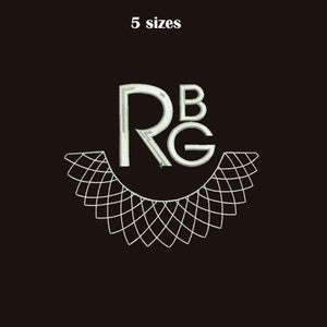 May include: A white embroidered design of the letters "RG" with a "B" above the "R" and a decorative white scalloped border around the letters. The design is on a black background. 5 sizes.