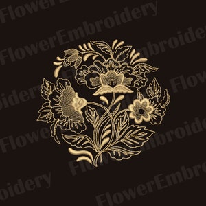 Puede incluir: Un diseño floral bordado en oro con detalles intrincados. El diseño presenta un grupo de flores con hojas y tallos. El bordado está sobre un fondo negro.