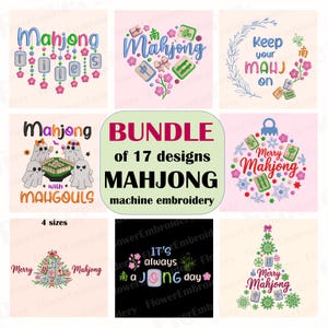 May include: A digital collection of machine embroidery designs featuring Mahjong themes. The graphics include text such as Mahjong Tiles, Keep your MAHJ on, Mahjong with MAHGOULS, Merry Mahjong, and It's always a JONG day, alongside illustrations of tiles, ghosts, and trees.