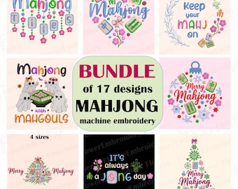 Bundle of 8 Mahjong Machine embroidery, Mahjong Tiles Machine Embroidery Pattern, Cute Mahjong Quote file, Instant Download, Merry Mahjong