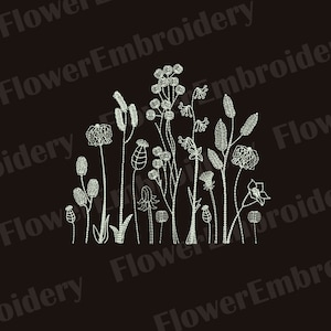 May include: A black and white line drawing of a variety of wildflowers, including a tall stalk of grass with a fluffy seed head, a flower with a bell-shaped bloom, and a flower with a round, fluffy seed head.