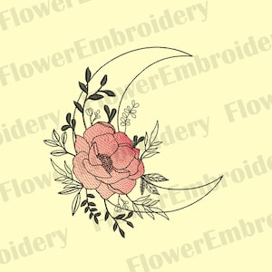 May include: An embroidered design featuring a crescent moon with a large pink flower and black leaves. The text "Flower Embroidery" is repeated in the background. The design is on a light yellow background.