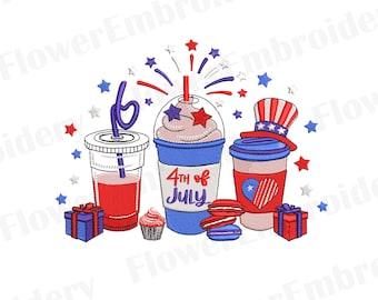 4th of July Coffee Cups Machine Embroidery Design (Digital Download)