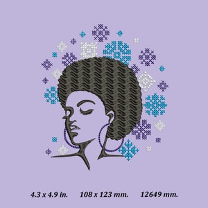 Puede incluir: Una ilustraci&oacute;n en blanco y negro de una mujer con un gran peinado afro. El fondo es de color morado claro con un patr&oacute;n de dise&ntilde;os de punto de cruz azul, blanco y morado.