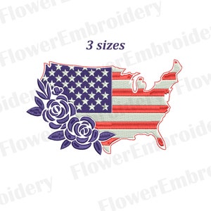 May include: An embroidery design of the United States of America in the shape of the country with a red, white, and blue American flag inside and a purple floral design on the left side. The text "3 sizes" is above the design.